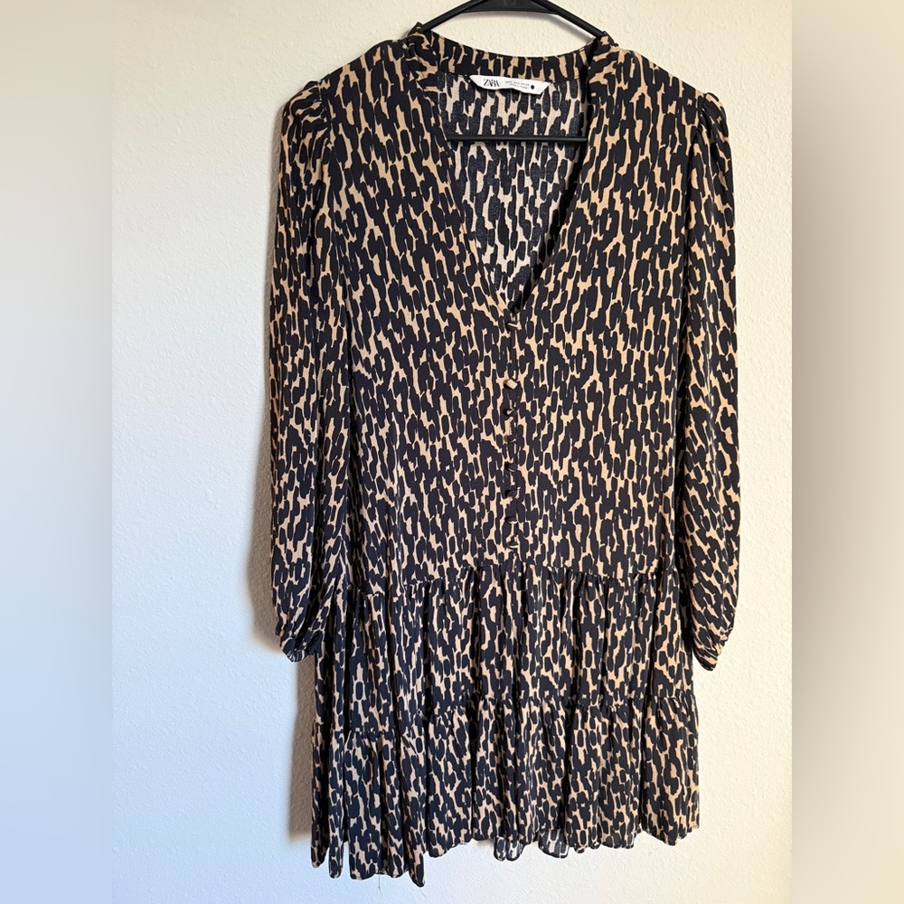 Zara Black and Tan Animal Print Long Sleeve Dress Sz.S